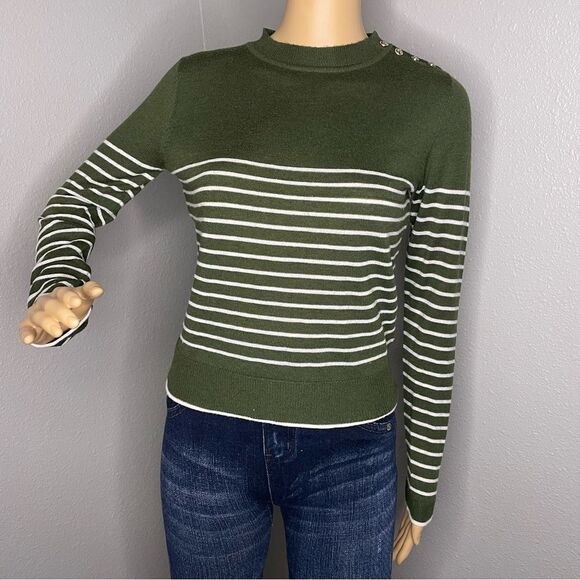 Zara Striped Lightweight Long Sleeve Sweater Green and White Size Small - Picture 2 of 13